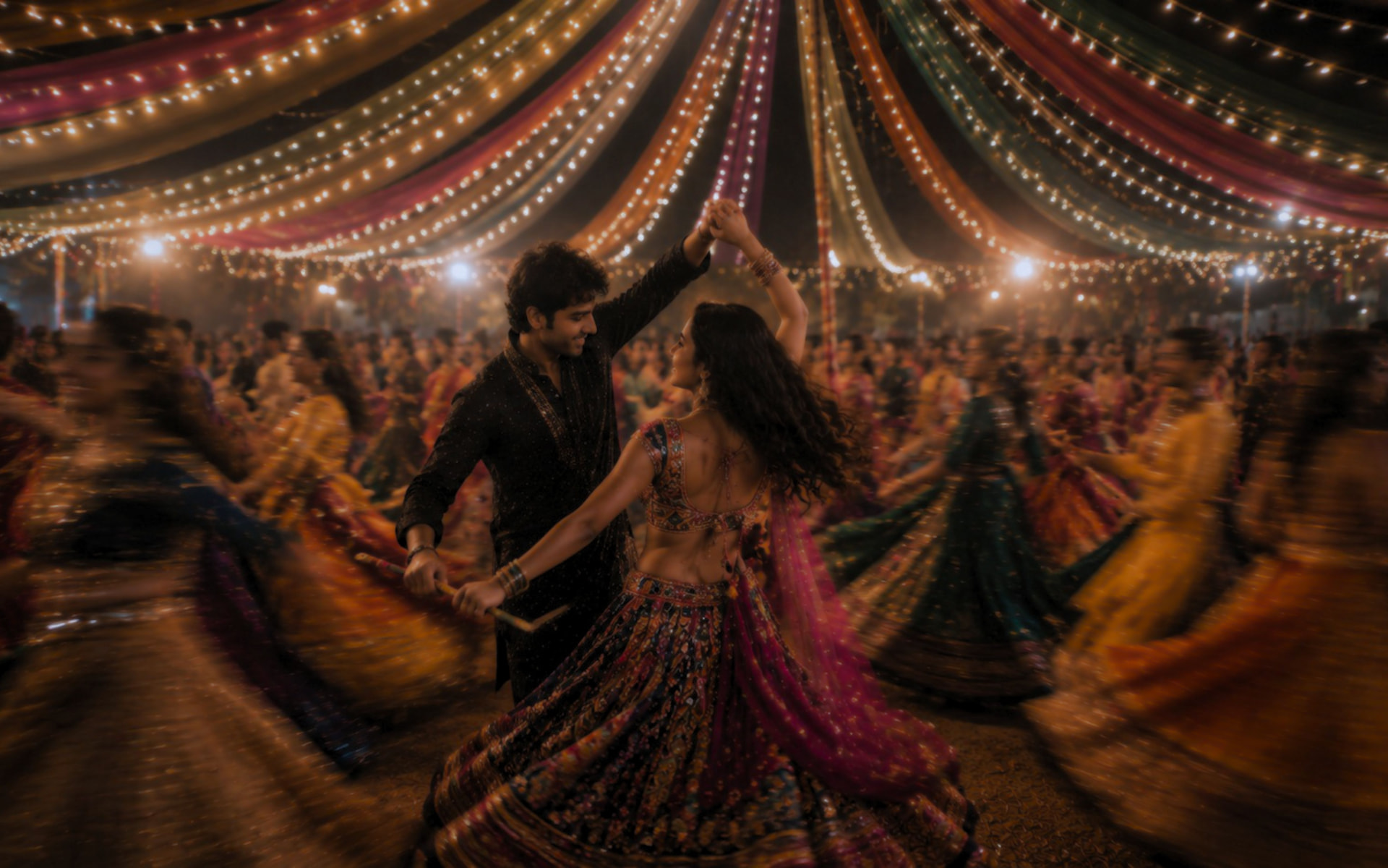Dancers in traditional attire at a Navratri night in Ahmedabad